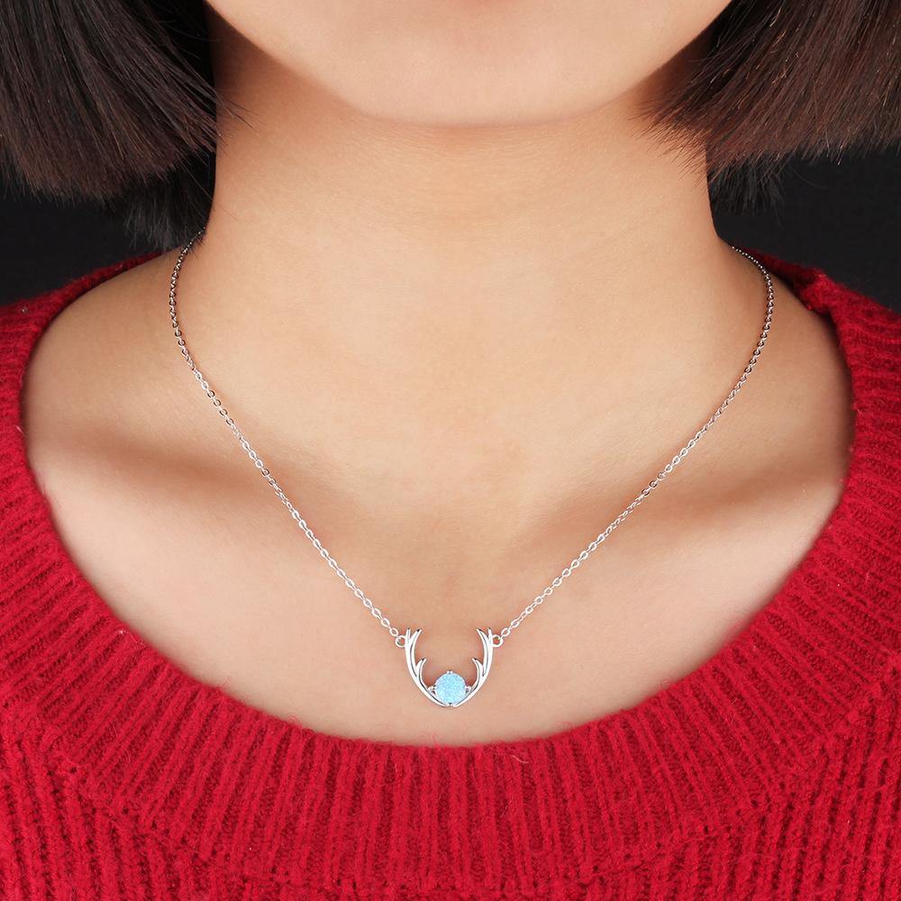 Women’s 925 Sterling Silver Necklace & Deer Head Design Pendant with Blue Opal, Trendy Party Jewelry-Customized Jewel