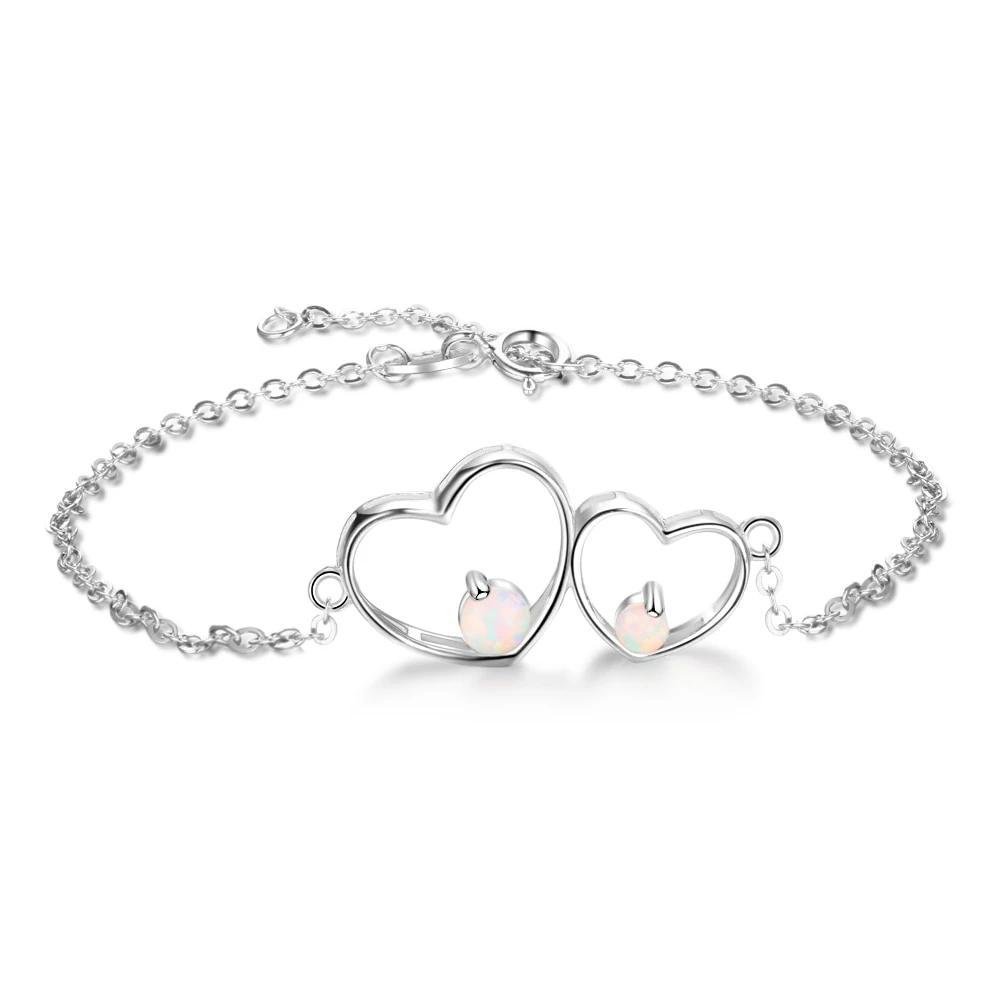 Double Heart 925 Sterling Silver Bracelet Bangles, Milky Opal Stone Design Silver Bracelet, Jewelry Gift for Women-Customized Jewel