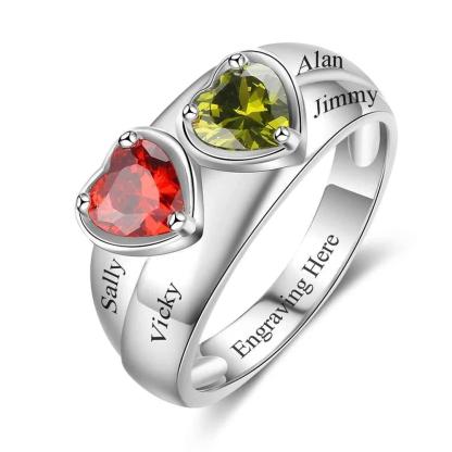 Personalized 925 Sterling Silver Promise Rings for Women – Custom Heart Birthstones – Engraved 2 Texts – Trendy Jewelry Gift-Customized Jewel