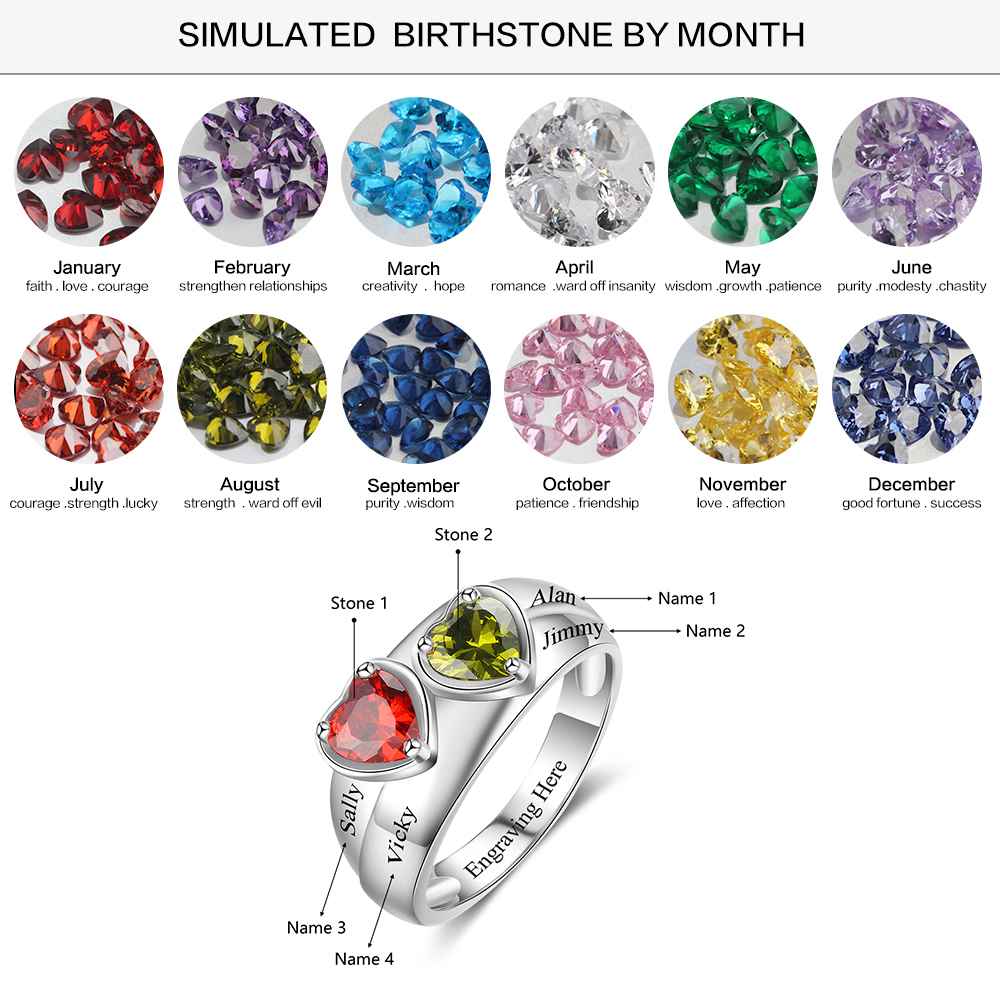 Personalized 925 Sterling Silver Promise Rings for Women – Custom Heart Birthstones – Engraved 2 Texts – Trendy Jewelry Gift-Customized Jewel