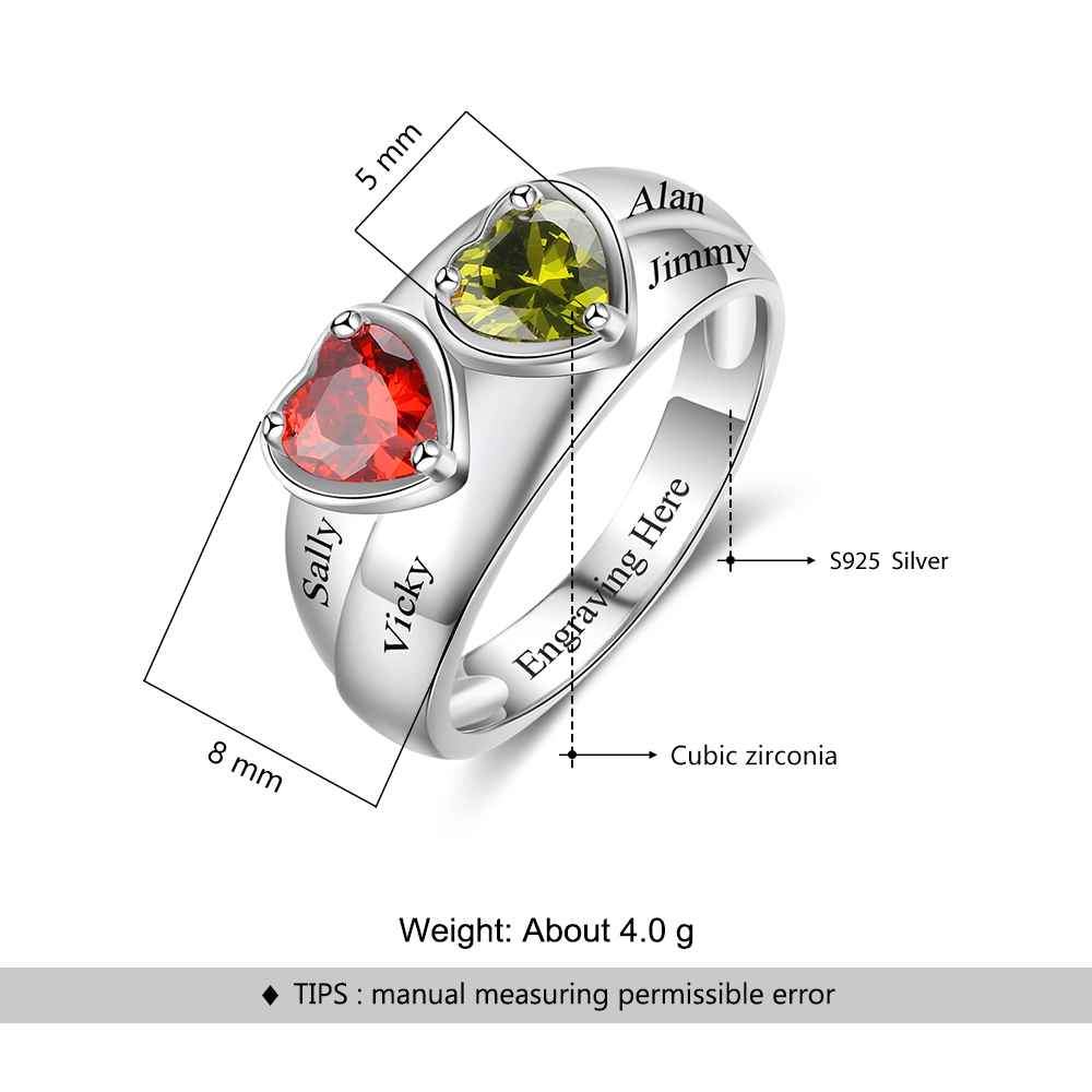 Personalized 925 Sterling Silver Promise Rings for Women – Custom Heart Birthstones – Engraved 2 Texts – Trendy Jewelry Gift-Customized Jewel