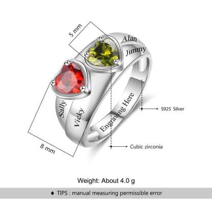 Personalized 925 Sterling Silver Promise Rings for Women – Custom Heart Birthstones – Engraved 2 Texts – Trendy Jewelry Gift-Customized Jewel