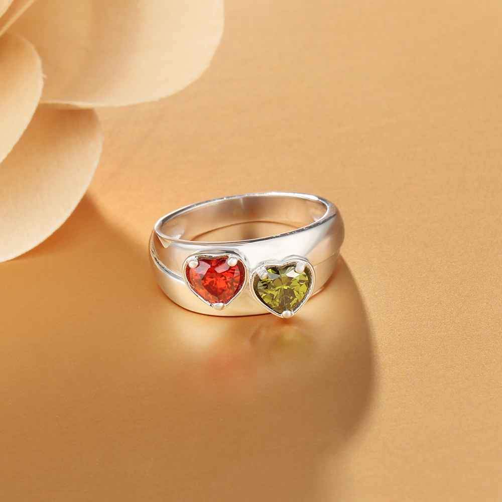 Personalized 925 Sterling Silver Promise Rings for Women – Custom Heart Birthstones – Engraved 2 Texts – Trendy Jewelry Gift-Customized Jewel