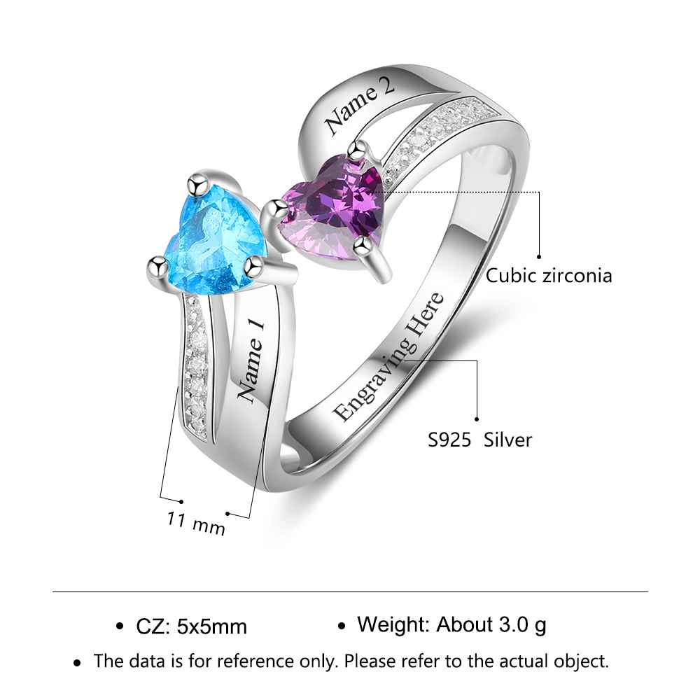 Personalized 925 Sterling Silver Ring - Custom Heart Shape Birthstone - Engraved Custom Names-Customized Jewel