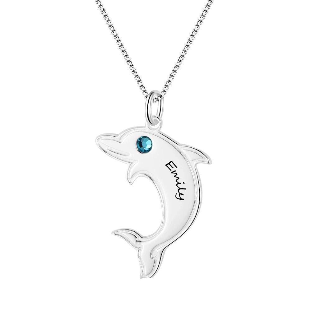 925 Sterling Silver Dolphin Shape Name & Birthstone Personalized Pendant Necklaces for Women-Customized Jewel