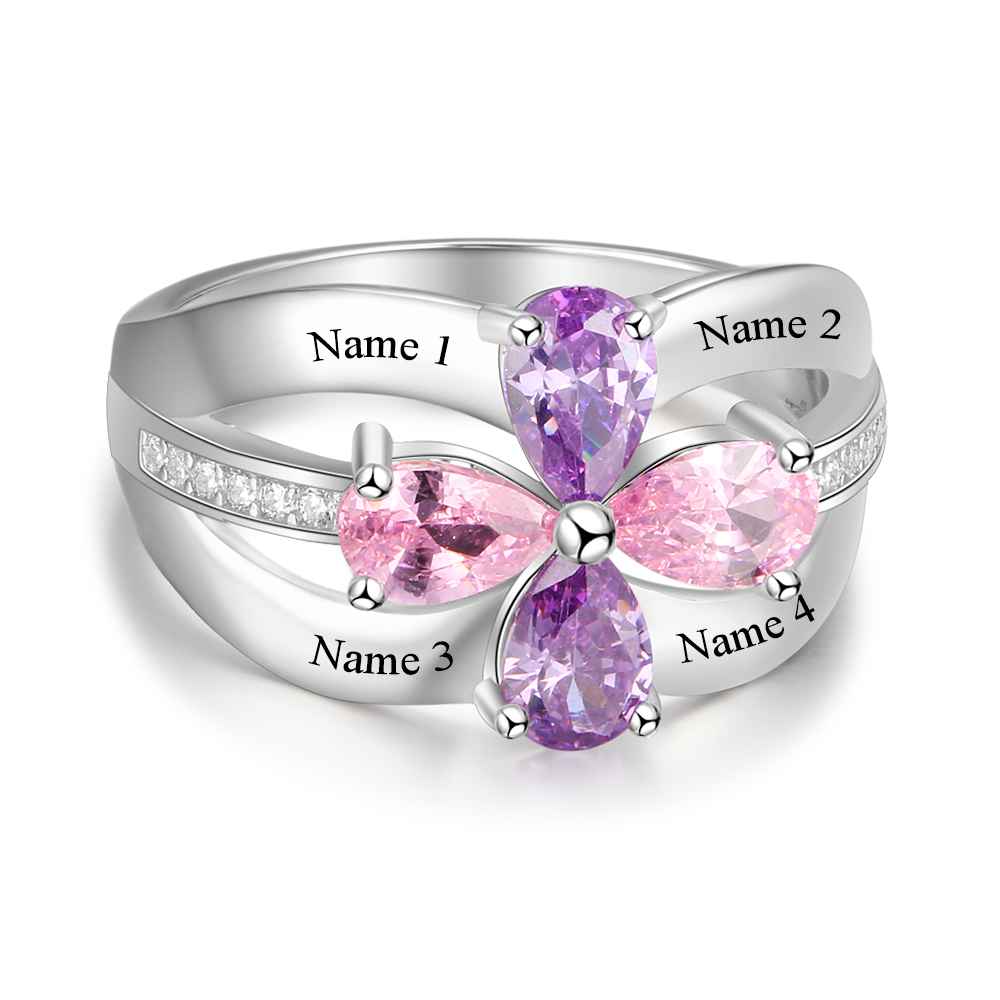 Personalized 925 Sterling Silver Promise Rings for Women – Engrave Four Names – Custom 4 Birthstones – Fashion Jewelry Gift-Customized Jewel