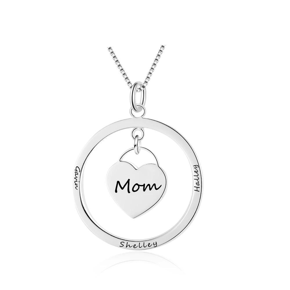 Personalized Women’s 925 Sterling Silver Name Engraved Necklace with Heart Designed Dangling Round Pendant, Trendy Jewelry Gift for Mom-Customized Jewel