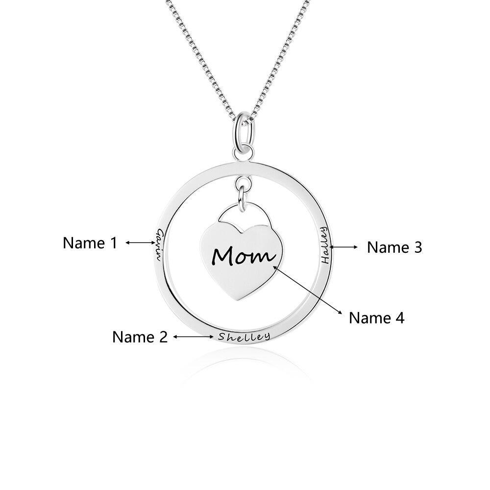Personalized Women’s 925 Sterling Silver Name Engraved Necklace with Heart Designed Dangling Round Pendant, Trendy Jewelry Gift for Mom-Customized Jewel