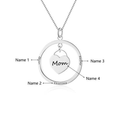 Personalized Women’s 925 Sterling Silver Name Engraved Necklace with Heart Designed Dangling Round Pendant, Trendy Jewelry Gift for Mom-Customized Jewel