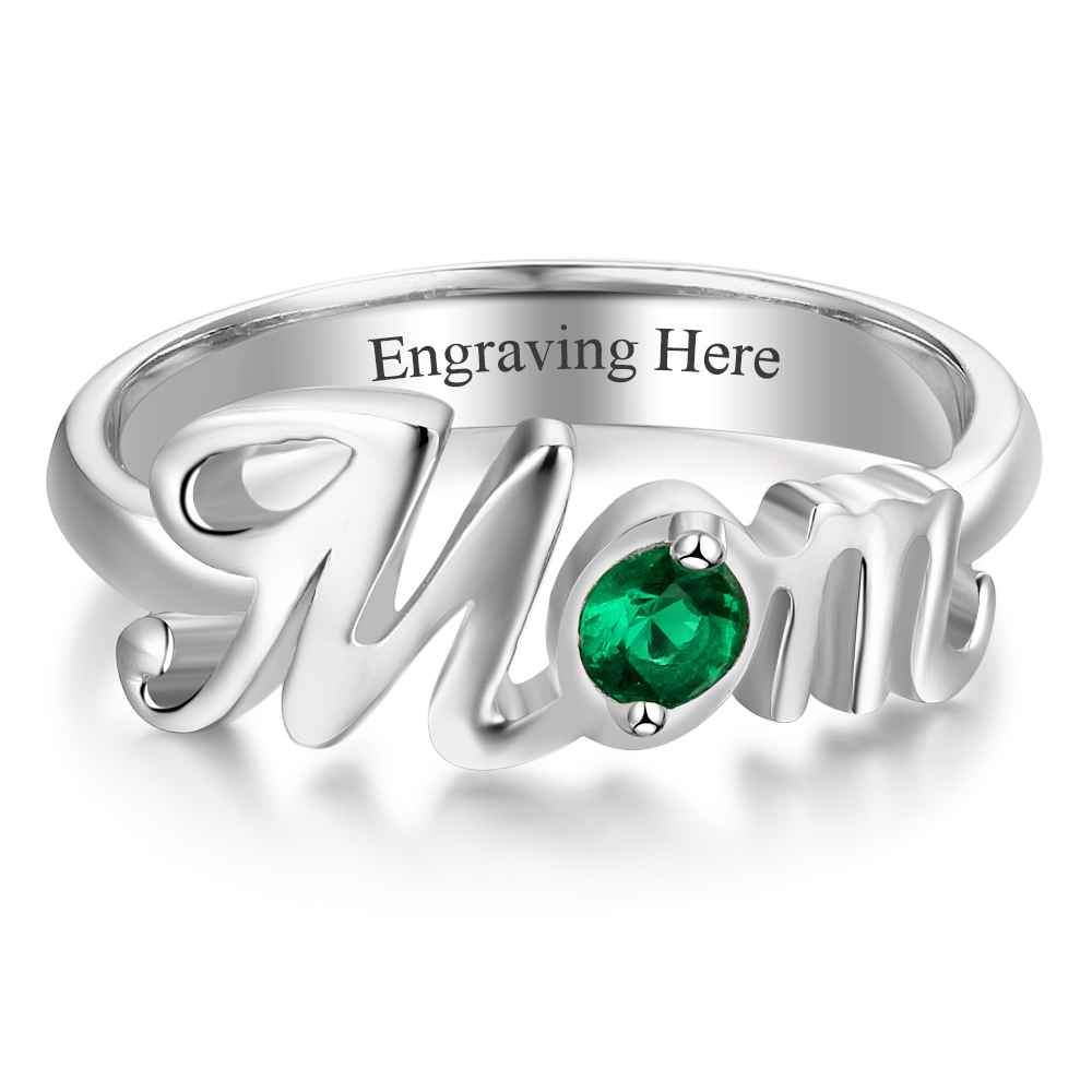 ‘Mom’ Shaped Personalized 925 Sterling Silver Ring with Cubic Zirconia Stones, Gift for Mother-Customized Jewel