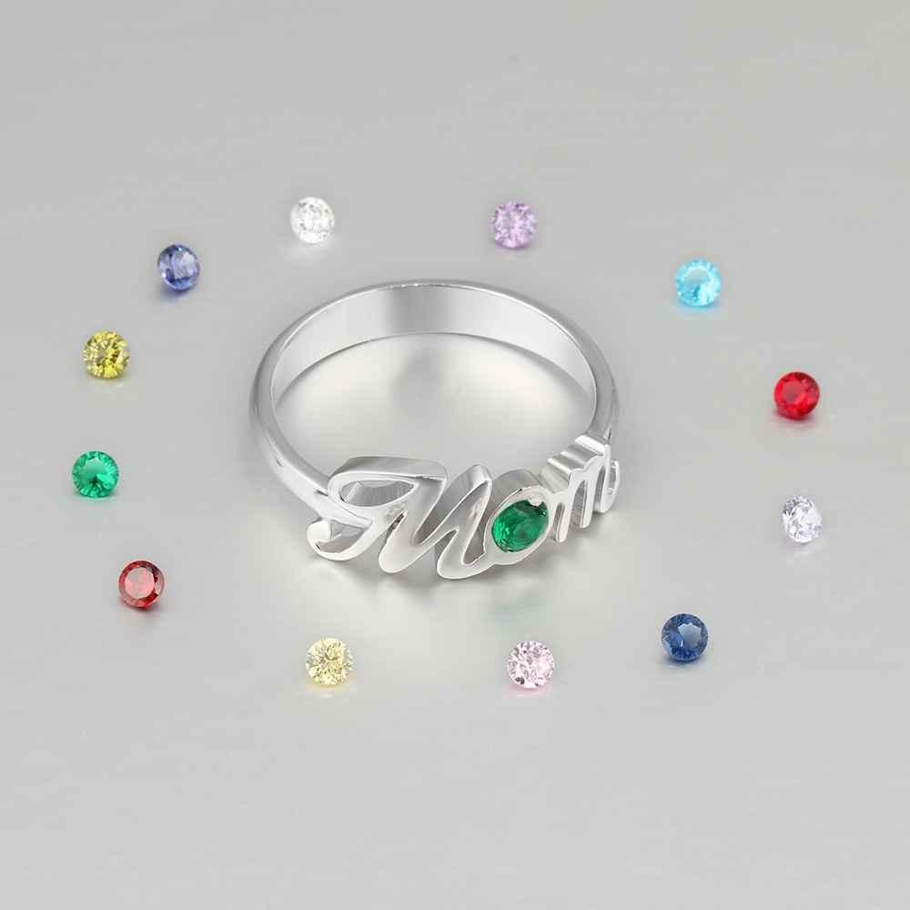 ‘Mom’ Shaped Personalized 925 Sterling Silver Ring with Cubic Zirconia Stones, Gift for Mother-Customized Jewel