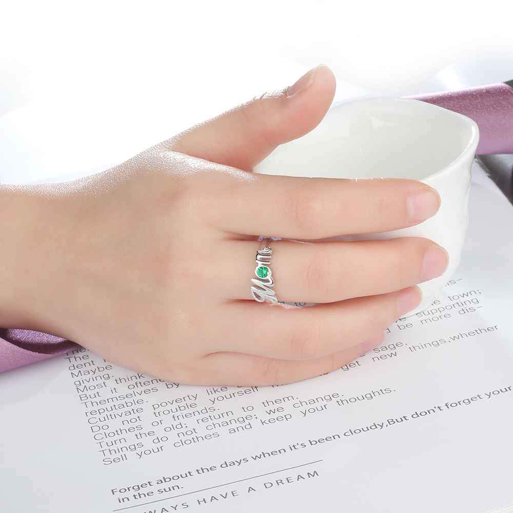 ‘Mom’ Shaped Personalized 925 Sterling Silver Ring with Cubic Zirconia Stones, Gift for Mother-Customized Jewel