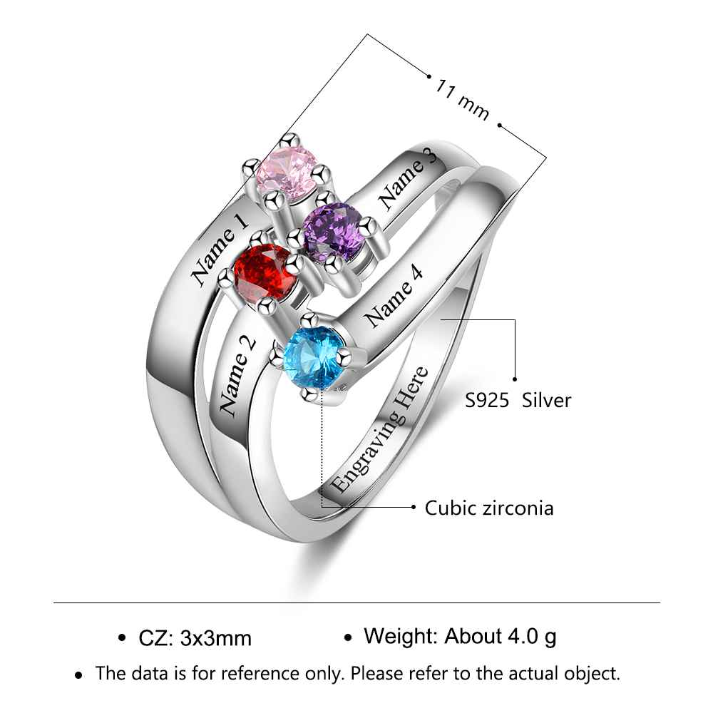 Personalized Gift for Friendship Engrave 4 Friends Name Birthstone Promise Rings 925 Sterling Silver Jewelry-Customized Jewel