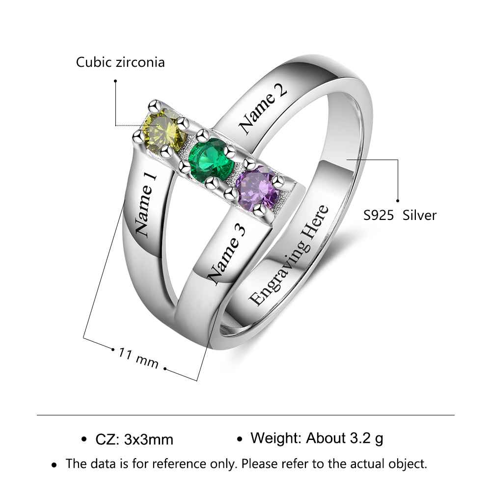 Personalized 925 Sterling Silver Ring with Birthstone setting, Special Gift for Mother with Names of Children Engravings, Gift for Family Member-Customized Jewel