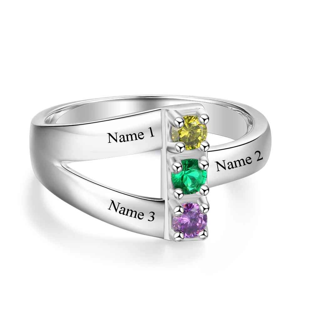 Personalized 925 Sterling Silver Ring with Birthstone setting, Special Gift for Mother with Names of Children Engravings, Gift for Family Member-Customized Jewel