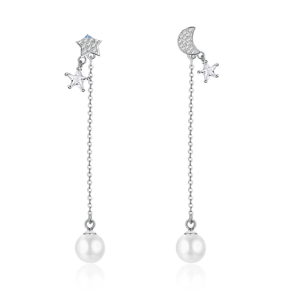 Simulated Pearl Moon And Star Accessories Long Earring Solid 925 Sterling Silver Dangle Earrings For Women-Customized Jewel