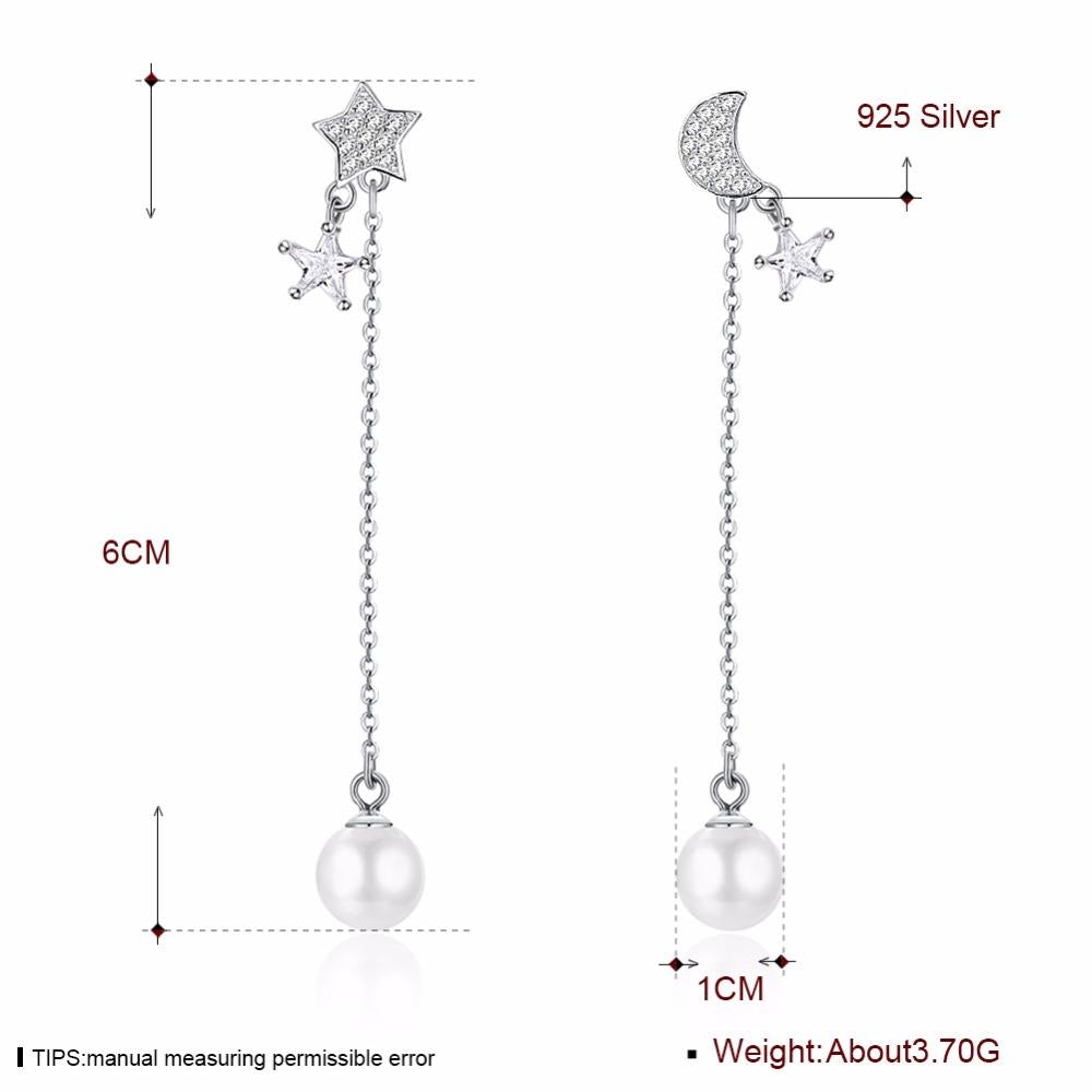 Simulated Pearl Moon And Star Accessories Long Earring Solid 925 Sterling Silver Dangle Earrings For Women-Customized Jewel