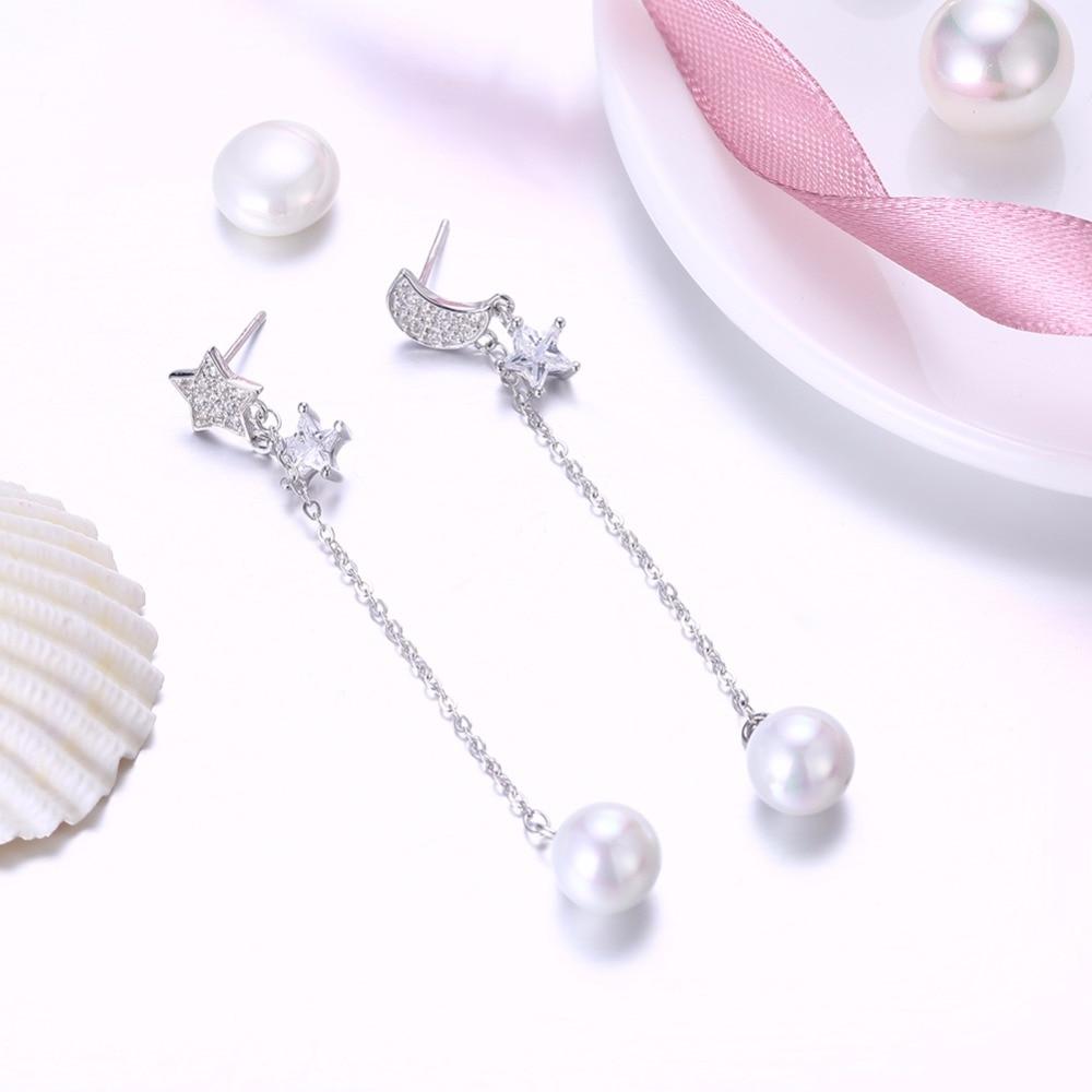 Simulated Pearl Moon And Star Accessories Long Earring Solid 925 Sterling Silver Dangle Earrings For Women-Customized Jewel