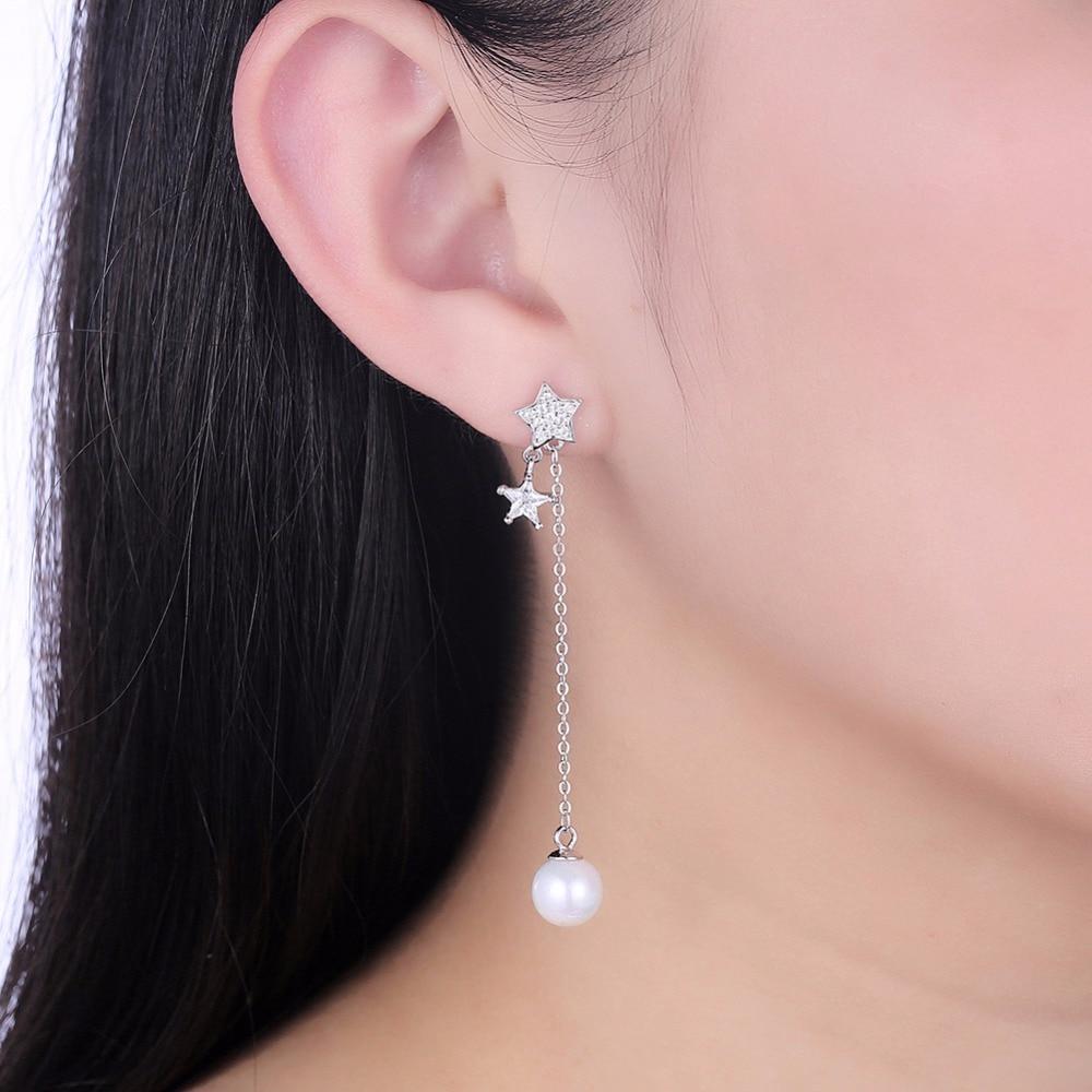 Simulated Pearl Moon And Star Accessories Long Earring Solid 925 Sterling Silver Dangle Earrings For Women-Customized Jewel