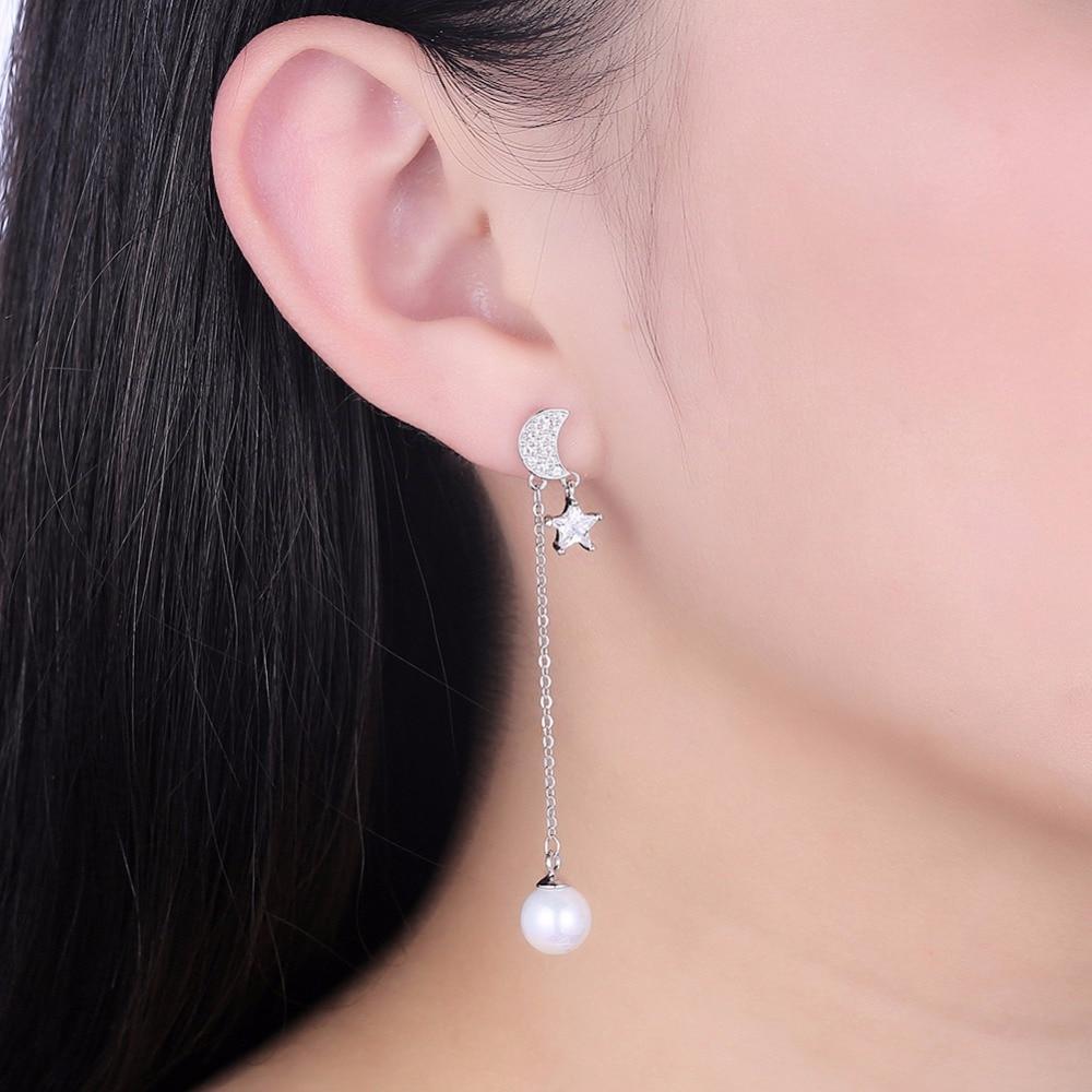 Simulated Pearl Moon And Star Accessories Long Earring Solid 925 Sterling Silver Dangle Earrings For Women-Customized Jewel