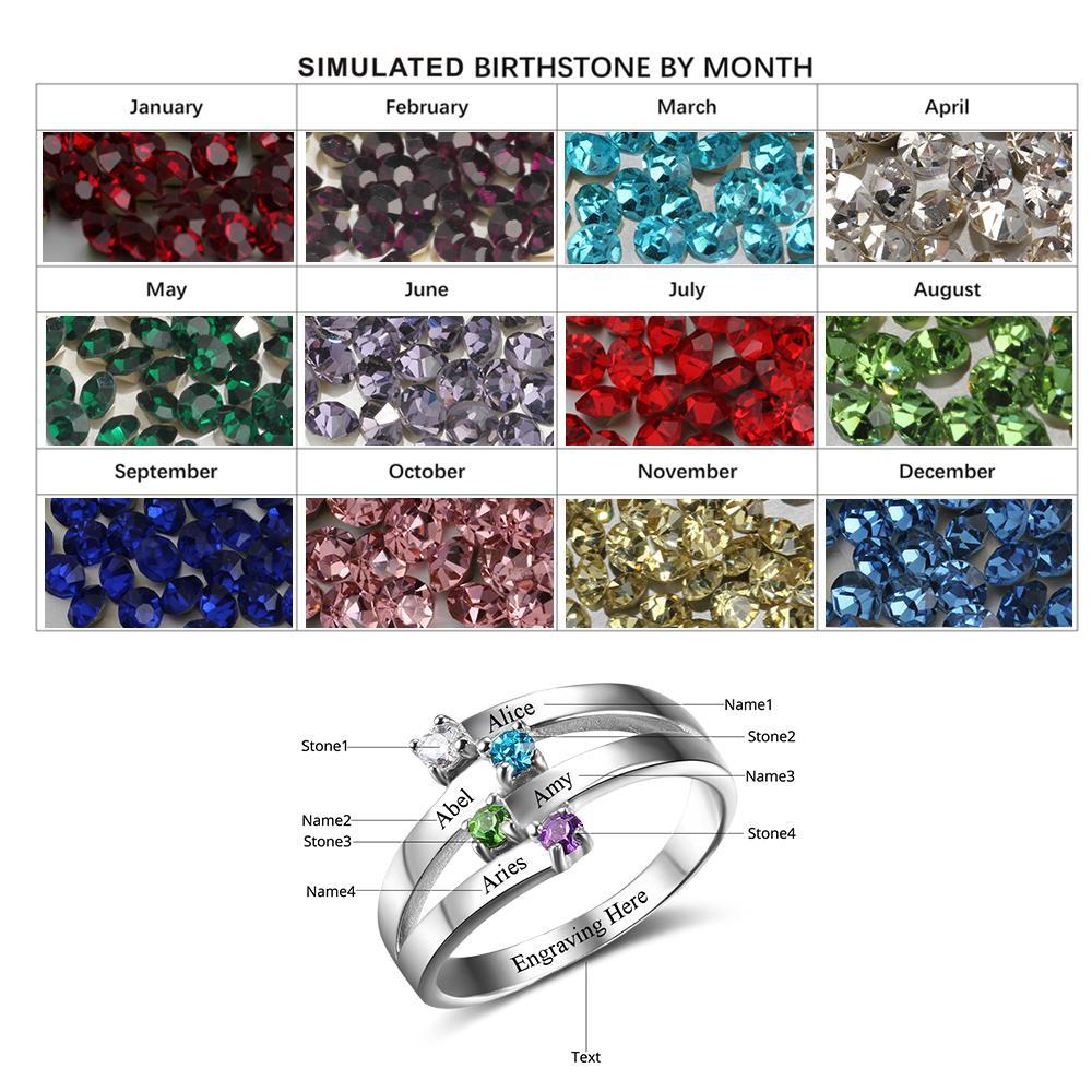 Sterling Silver Friendship & Family Ring Engrave 4 Names DIY Custom Birthstone Gift For Moms-Customized Jewel