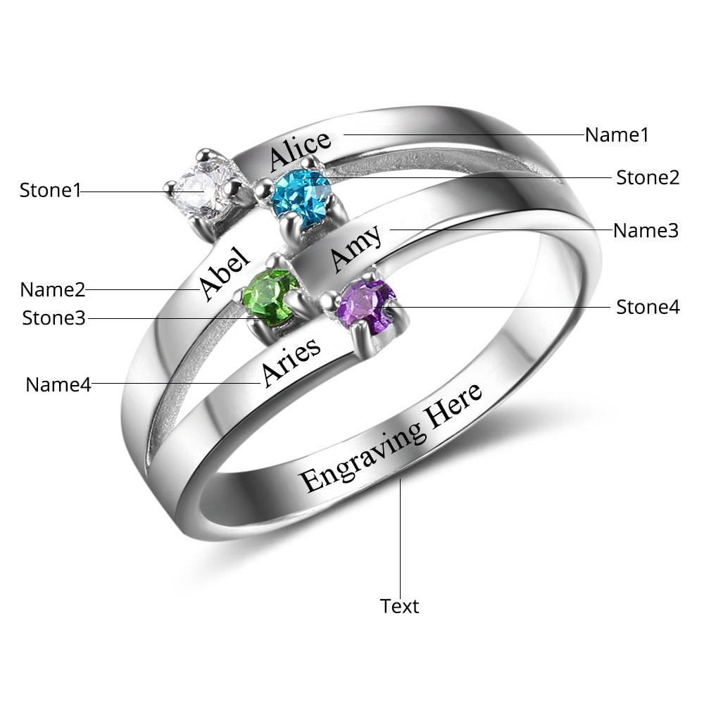 Sterling Silver Friendship & Family Ring Engrave 4 Names DIY Custom Birthstone Gift For Moms-Customized Jewel