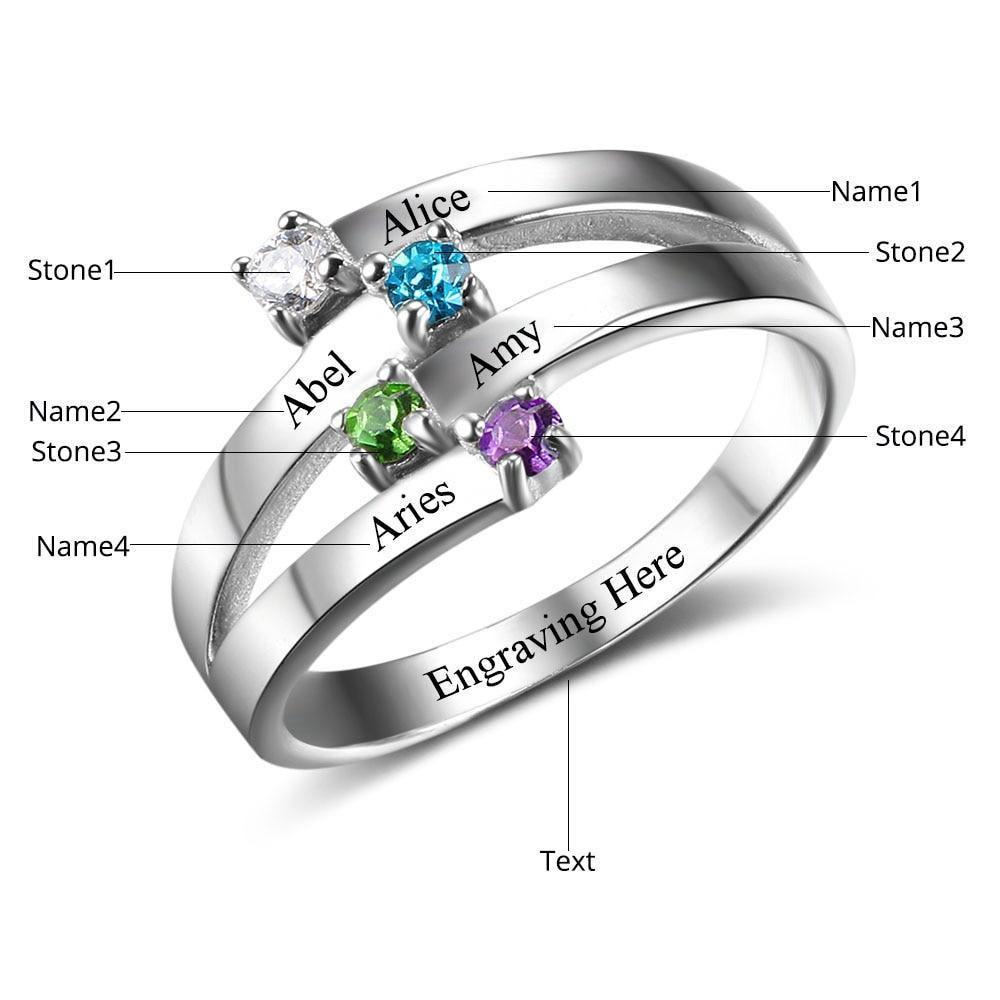 Sterling Silver Friendship & Family Ring Engrave 4 Names DIY Custom Birthstone Gift For Moms-Customized Jewel