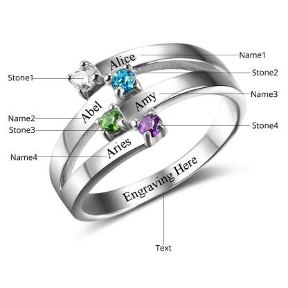 Sterling Silver Friendship & Family Ring Engrave 4 Names DIY Custom Birthstone Gift For Moms-Customized Jewel