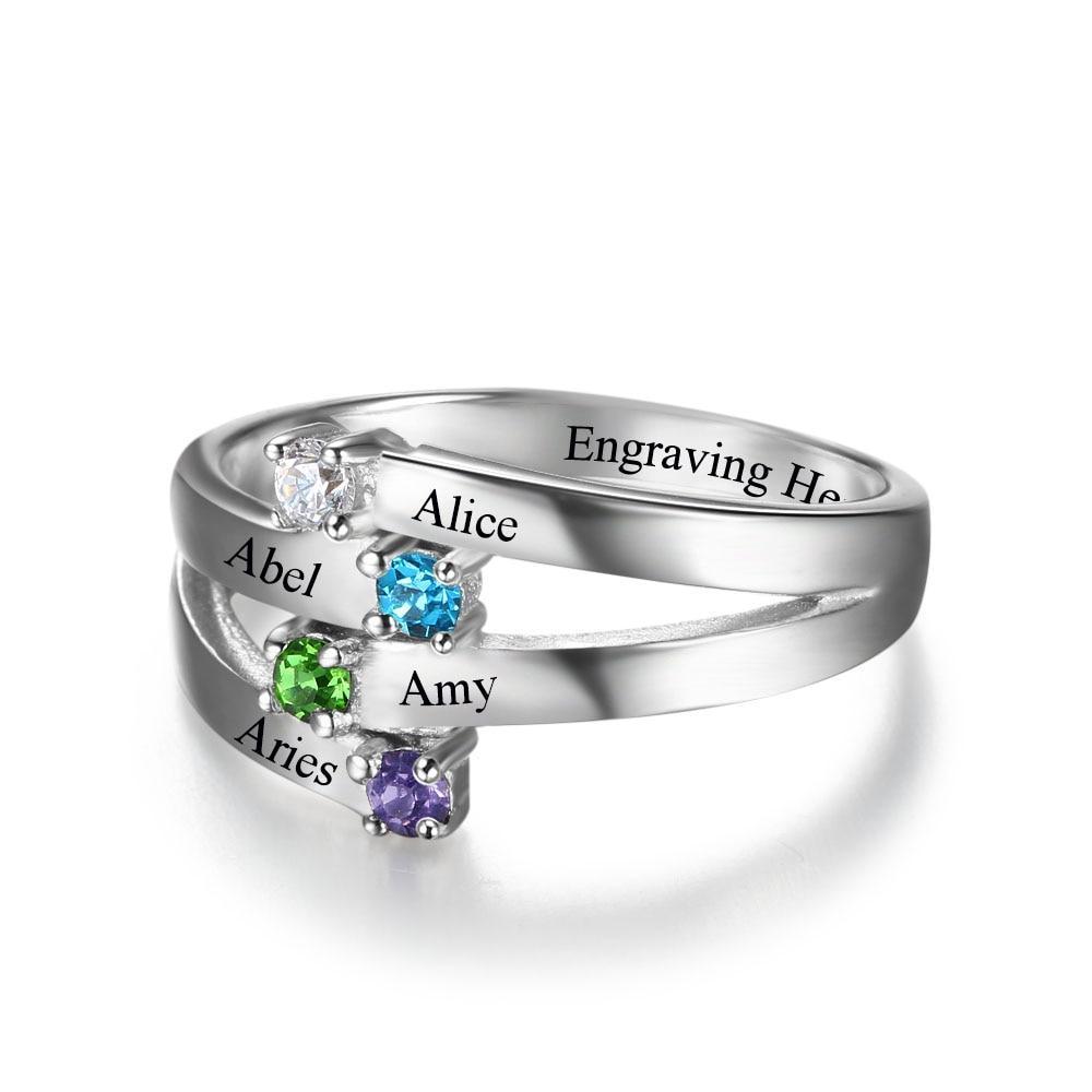 Sterling Silver Friendship & Family Ring Engrave 4 Names DIY Custom Birthstone Gift For Moms-Customized Jewel