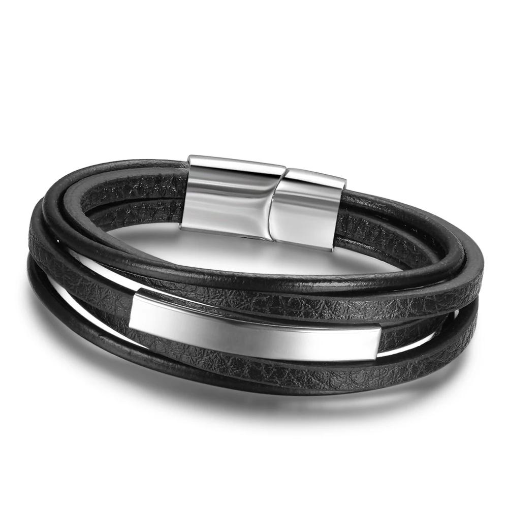 Genuine Leather Stainless Steel Stylish Bracelets for Men, Multiple Layer Wristband, Jewelry Gift-Customized Jewel