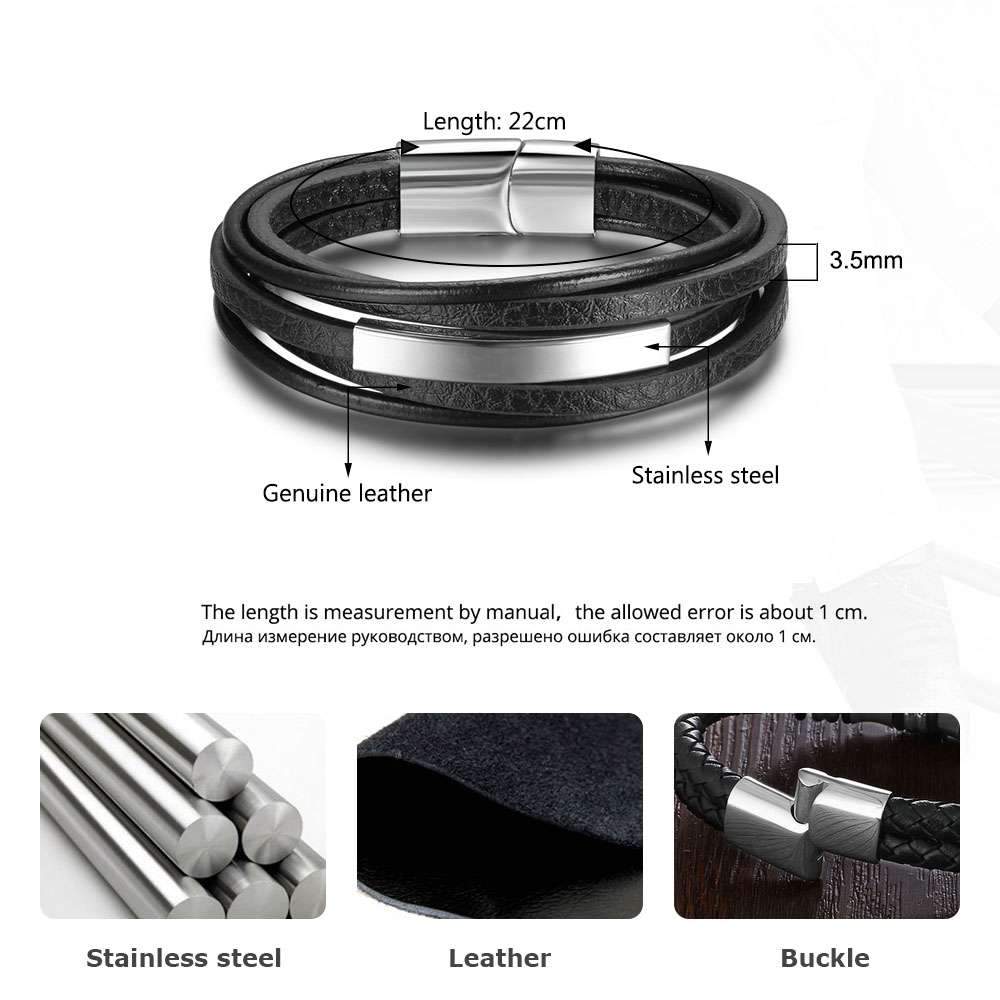 Genuine Leather Stainless Steel Stylish Bracelets for Men, Multiple Layer Wristband, Jewelry Gift-Customized Jewel