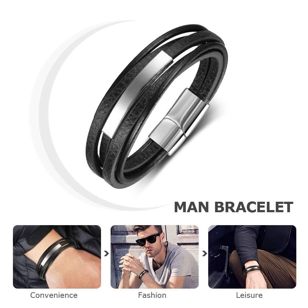 Genuine Leather Stainless Steel Stylish Bracelets for Men, Multiple Layer Wristband, Jewelry Gift-Customized Jewel