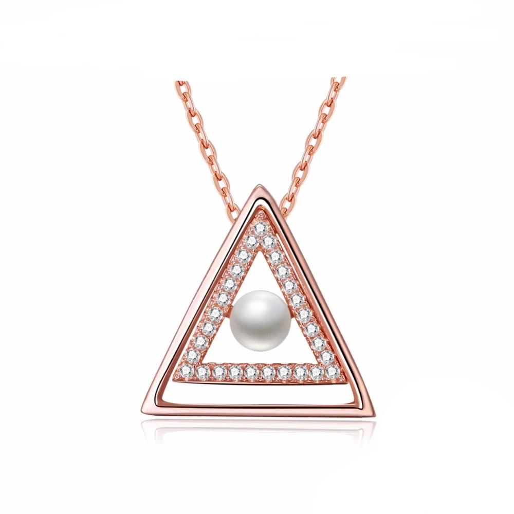 Sterling Silver Rose Gold Color Necklace with Triangle Design Simulated Pearl Pendant for Women-Customized Jewel