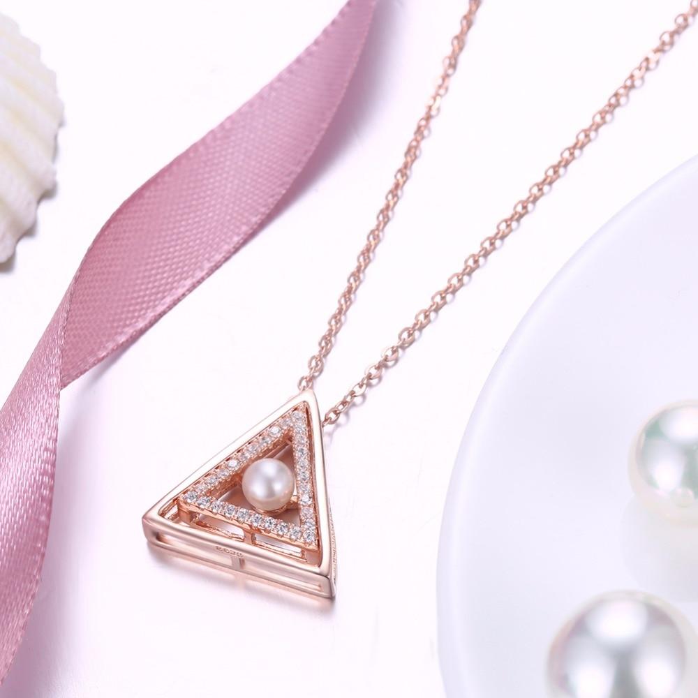 Sterling Silver Rose Gold Color Necklace with Triangle Design Simulated Pearl Pendant for Women-Customized Jewel