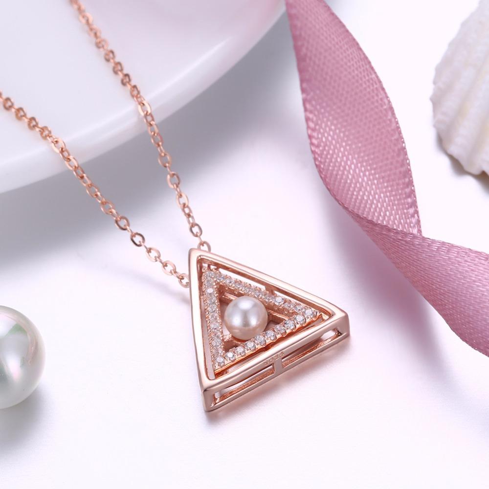 Sterling Silver Rose Gold Color Necklace with Triangle Design Simulated Pearl Pendant for Women-Customized Jewel