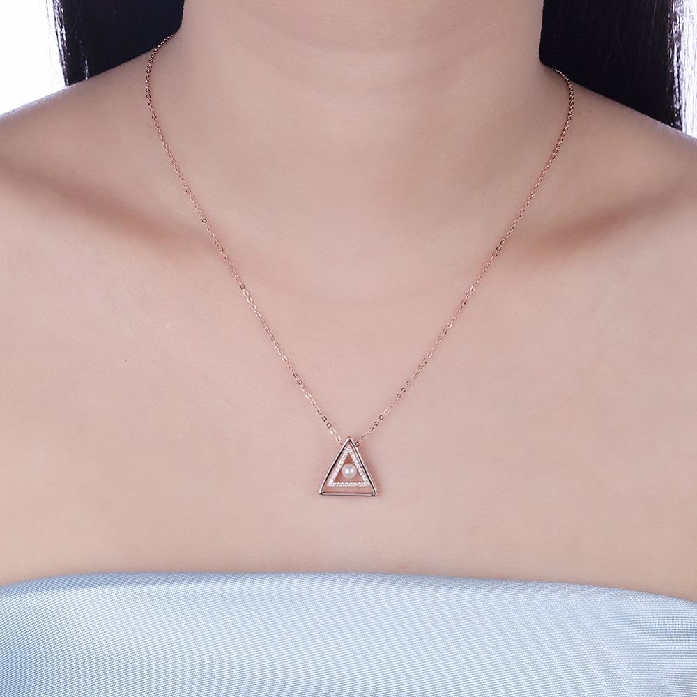 Sterling Silver Rose Gold Color Necklace with Triangle Design Simulated Pearl Pendant for Women-Customized Jewel