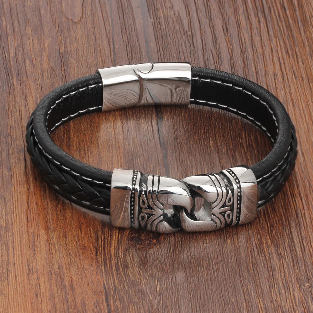 21.5cm Genuine Leather Bracelets For Men Father's Day Gift Jewelry Ancient Stainless Steel Bracelets & Bangle-Customized Jewel