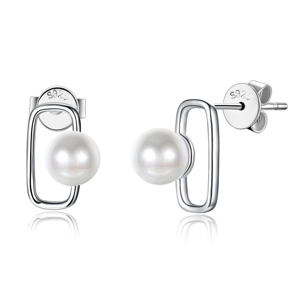 Fashionable 925 Sterling Silver Geometric Design Simulated Pearl Stud Earrings for Women, Trendy Party Jewelry Accessory-Customized Jewel