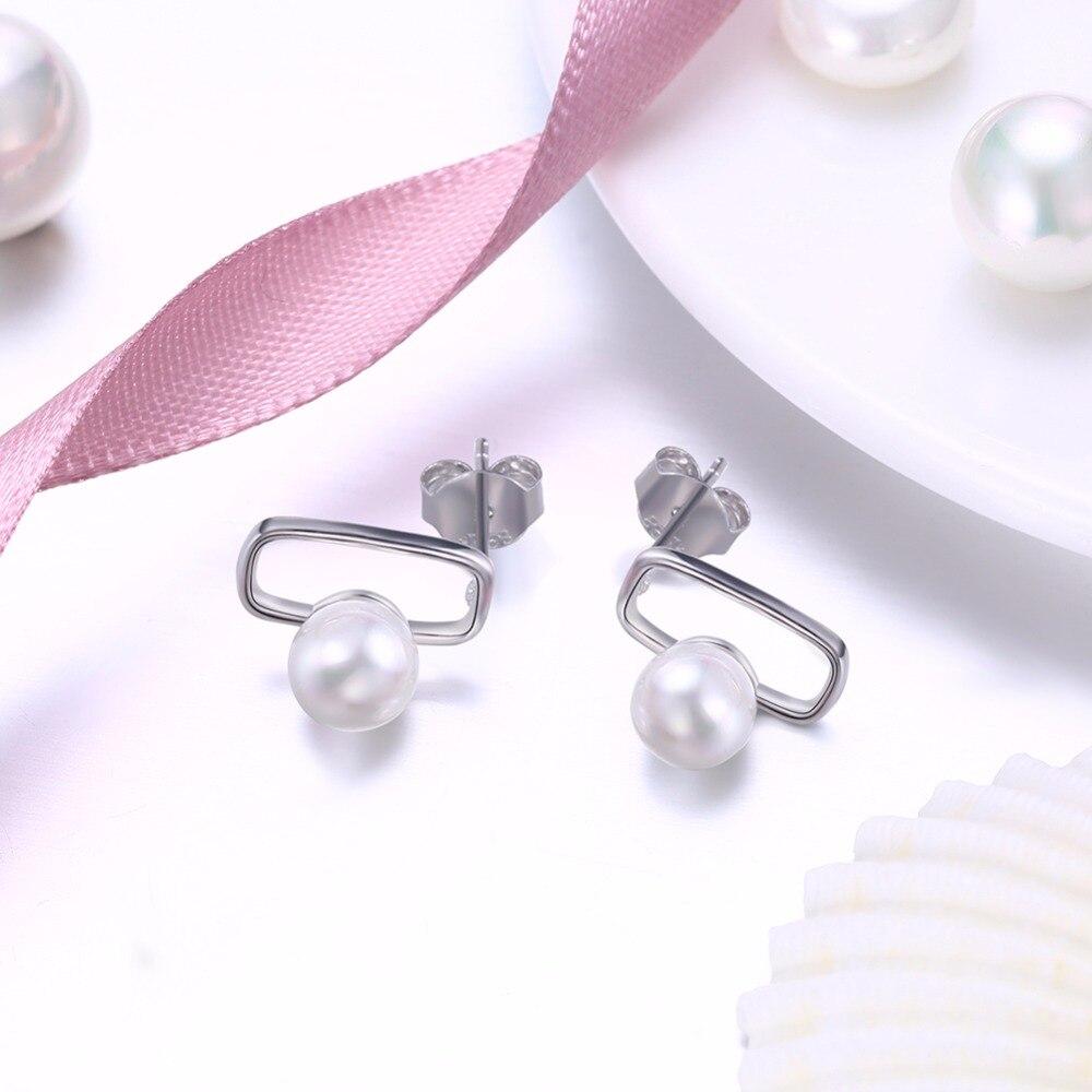 Fashionable 925 Sterling Silver Geometric Design Simulated Pearl Stud Earrings for Women, Trendy Party Jewelry Accessory-Customized Jewel