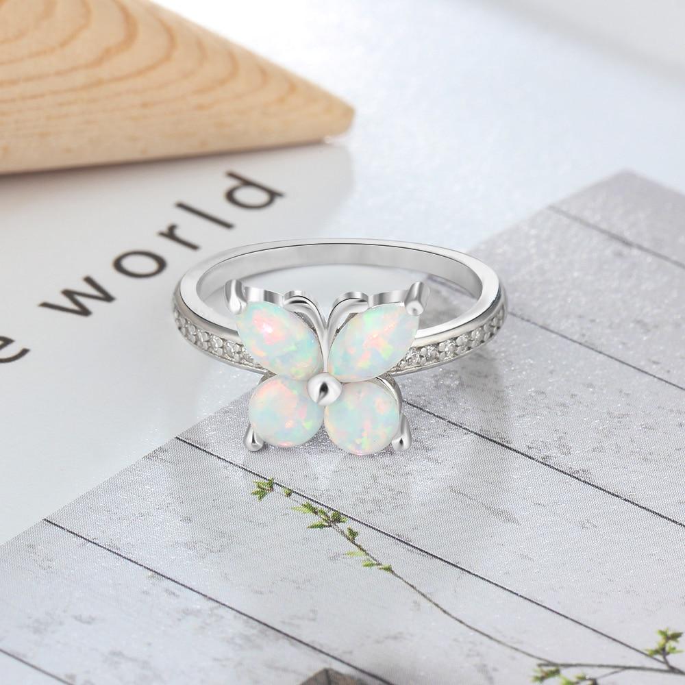 Personalized Sterling Silver Ring Bands - White Opal Butterfly - Studded with Cubic Zirconia Stones-Customized Jewel