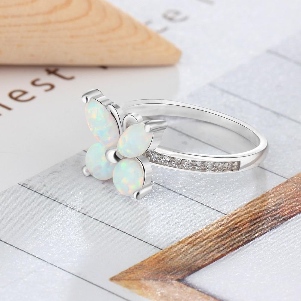 Personalized Sterling Silver Ring Bands - White Opal Butterfly - Studded with Cubic Zirconia Stones-Customized Jewel