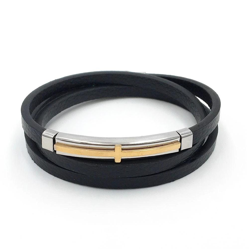 Trendy Genuine Leather Stainless Steel Cross Bracelets for Men, Double Layer Wristband, Jewelry Gift-Customized Jewel