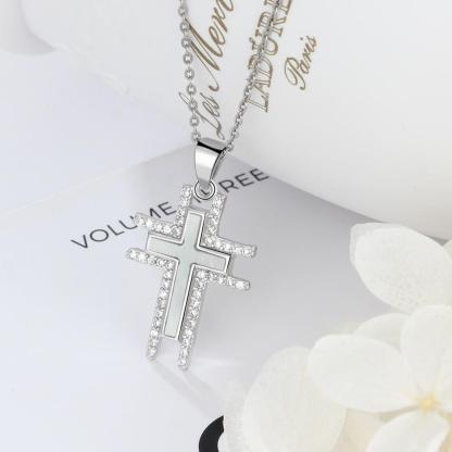 Silver Necklace For Women Cross Pearl Oysters Pendants Cubic Zirconia Religious Jewelry-Customized Jewel
