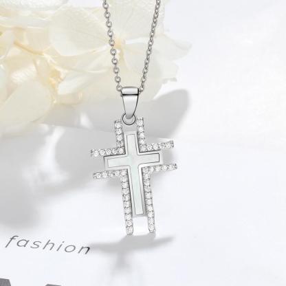 Silver Necklace For Women Cross Pearl Oysters Pendants Cubic Zirconia Religious Jewelry-Customized Jewel