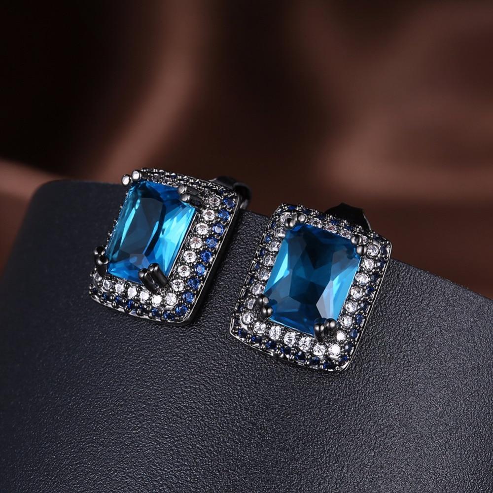 Square Shape Blue Cubic Zirconia Stud Earrings For Women Black Gun Color Party Accessories Gifts for Her-Customized Jewel