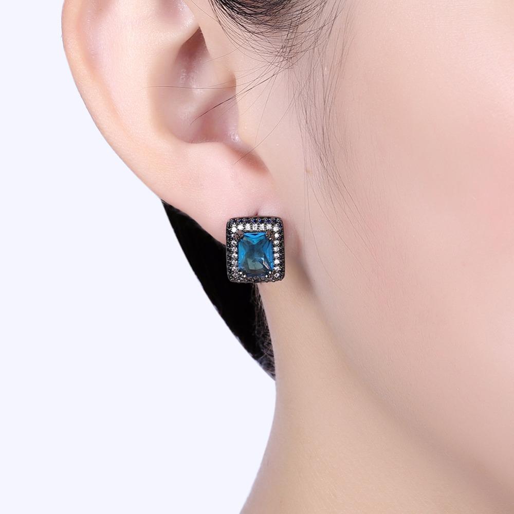 Square Shape Blue Cubic Zirconia Stud Earrings For Women Black Gun Color Party Accessories Gifts for Her-Customized Jewel