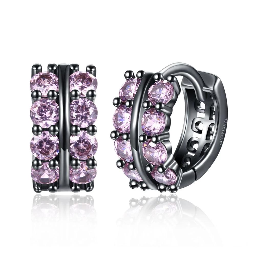 Fashion Double Row Black Gun Color Hoop Earrings with Pink Cubic Zirconia for Women, Party Gift Accessorise for Her-Customized Jewel