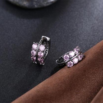 Fashion Double Row Black Gun Color Hoop Earrings with Pink Cubic Zirconia for Women, Party Gift Accessorise for Her-Customized Jewel