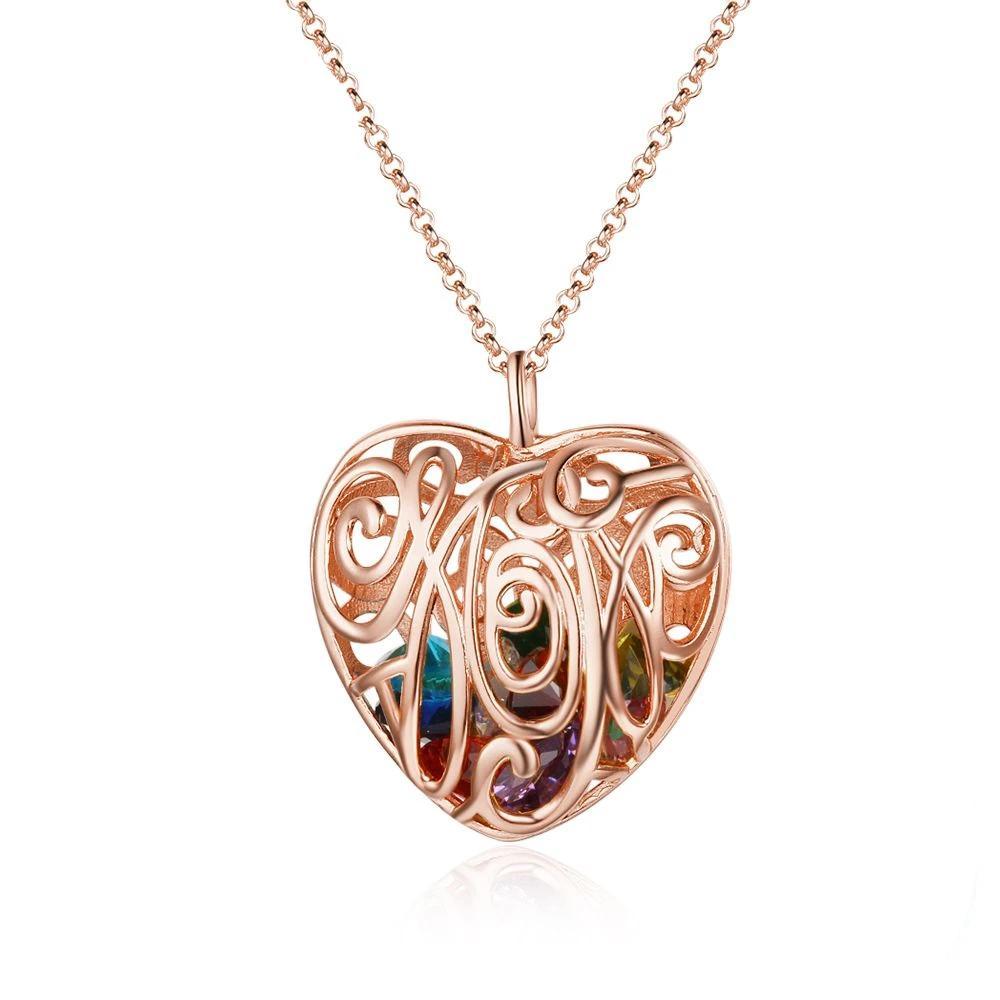 Heart Hollow Pattern With Birthstone Personalized Gifts For Love Rose Gold Color Pendant Necklace Jewelry-Customized Jewel