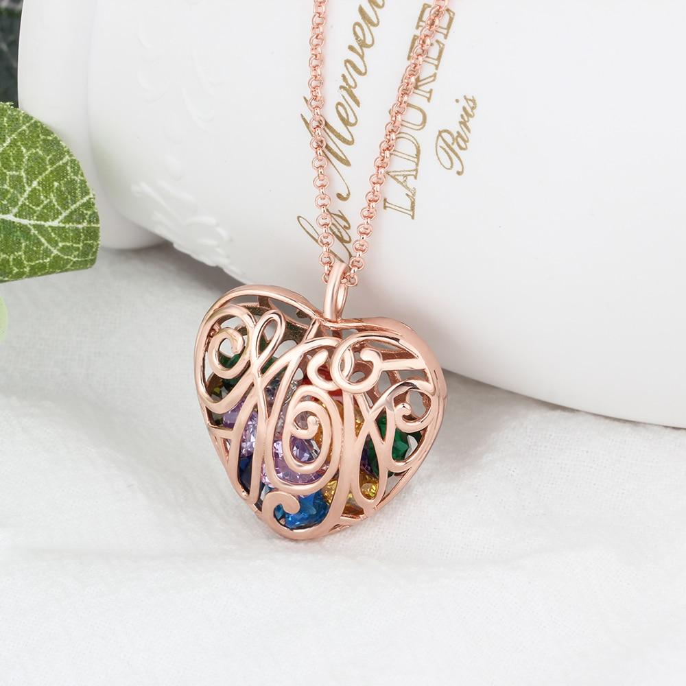 Heart Hollow Pattern With Birthstone Personalized Gifts For Love Rose Gold Color Pendant Necklace Jewelry-Customized Jewel
